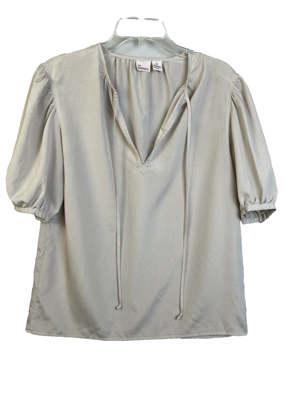 Liz Claiborne Blouse Women's 10 Gray Vintage 80's Puff Sleeves Silky Polyester
